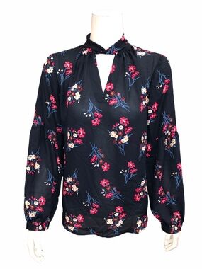 Laurie Felt size large Floral Keyhole Blouse with Pink & Blue Flowers